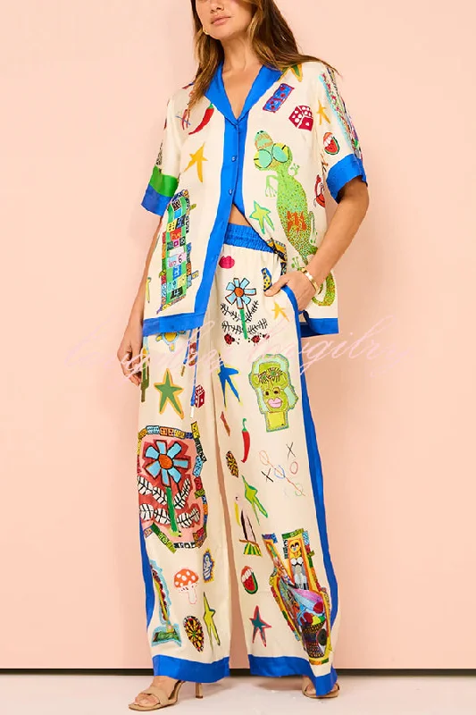 Vibrant Beach Satin Unique Print Colorblock Trim Elastic Waist Pocket Wide Leg Pants Chic Faux Leather Pants Vibrant Beach Satin Unique Print Colorblock Trim Elastic Waist Pocket Wide Leg Pants Chic Faux Leather Pants
