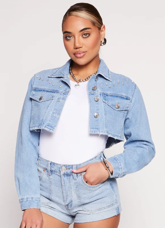 Almost Famous Rhinestone Detail Cropped Jean Jacket Hooded Jacket Caped Jacket Shawl Collar Jacket Almost Famous Rhinestone Detail Cropped Jean Jacket Hooded Jacket Caped Jacket Shawl Collar Jacket