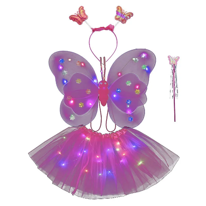 Butterfly wings, Skirt, hairband and magic wand with LED lights for Girl's Birthday One size fits (3-7 Years)-Dark Pink denim skirt trendy Butterfly wings, Skirt, hairband and magic wand with LED lights for Girl's Birthday One size fits (3-7 Years)-Dark Pink denim skirt trendy
