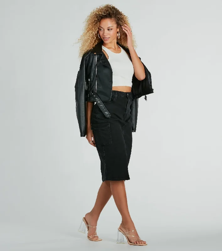 Modern Edge High Rise Cargo Denim Midi Skirt wool skirt sturdy