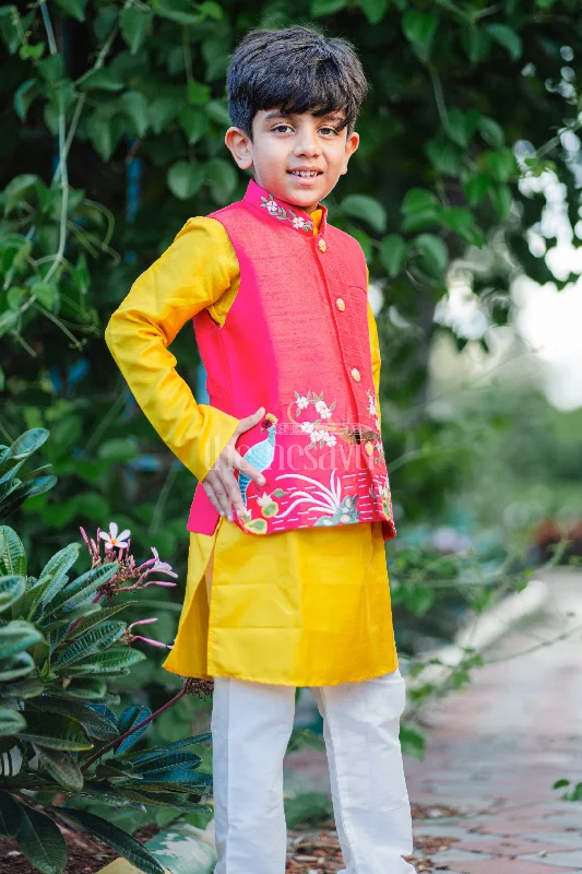 Boys Festive Peacock Embroidered Jacket With Kurta and Pant Set - Regal Pink and Yellow For Haldi Event Notch Collar Peter Pan Collar Cowl Neck