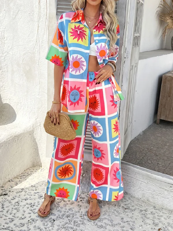 Hazel Blues® |  Devine Printed Collared Neck Half Sleeve Top and Pants Set Comfy Zip-Up Pants