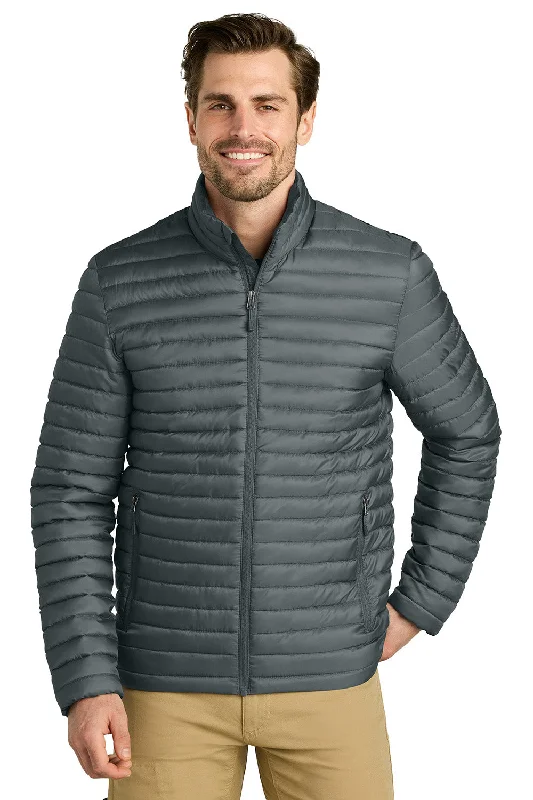 Eddie Bauer Mens Packable Quilted Water Resistant Full Zip Jacket - Metal Grey Faux Fur Fabric Real Fur Fabric Shearling Fabric