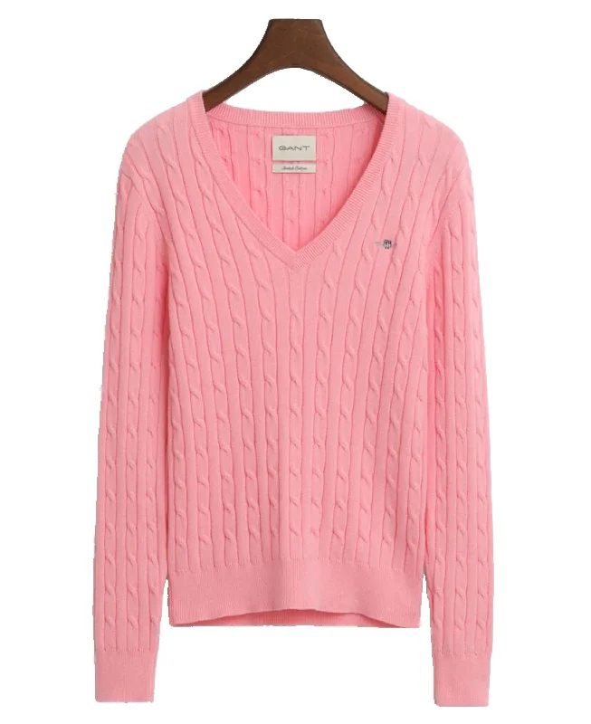 Stretch Cotton Cable V-Neck Sweater - Geranium Pink Machine Wash Dry Clean Hand Wash Stretch Cotton Cable V-Neck Sweater - Geranium Pink Machine Wash Dry Clean Hand Wash