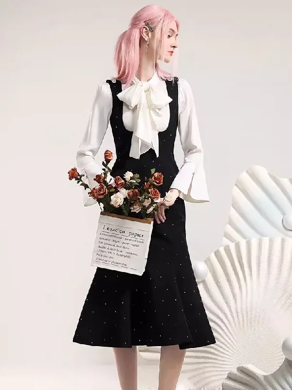 Bow Standing Collar Top Sweetheart Back Fishtail Skirt【s0000006853】 satin skirt smooth