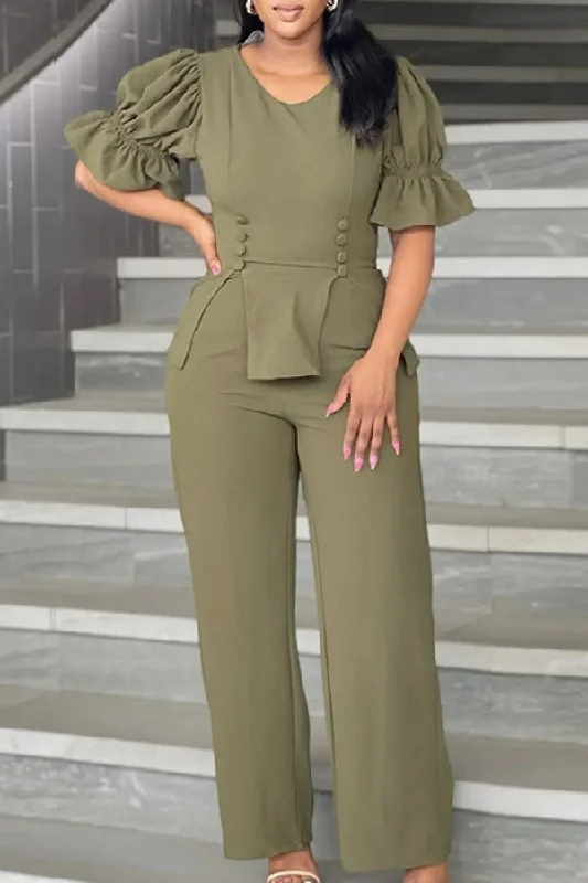 Solid Color Puff Sleeve Stylish Straight Leg Pant Suit Stylish Paperbag Waist Pants