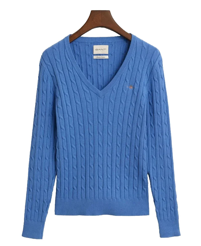 Stretch Cotton Cable V-Neck Sweater - Perfect Blue Terry Terry Cloth Terry Knit
