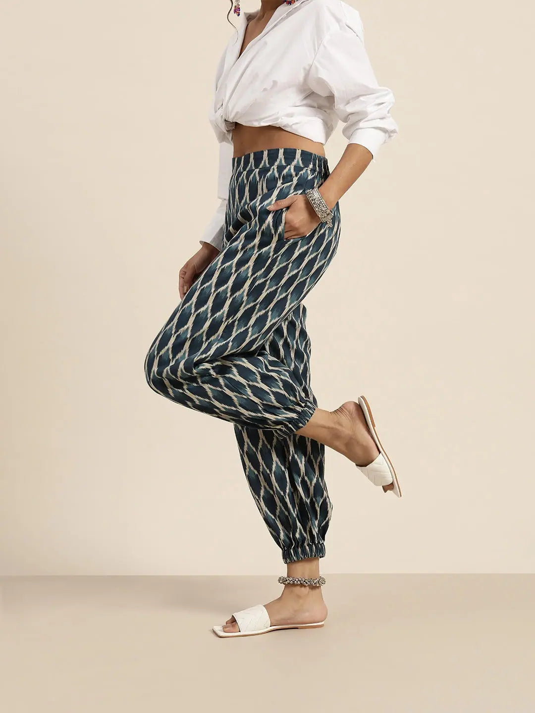 Navy Ikat Cuff Hem Pants Elegant Dress Pants