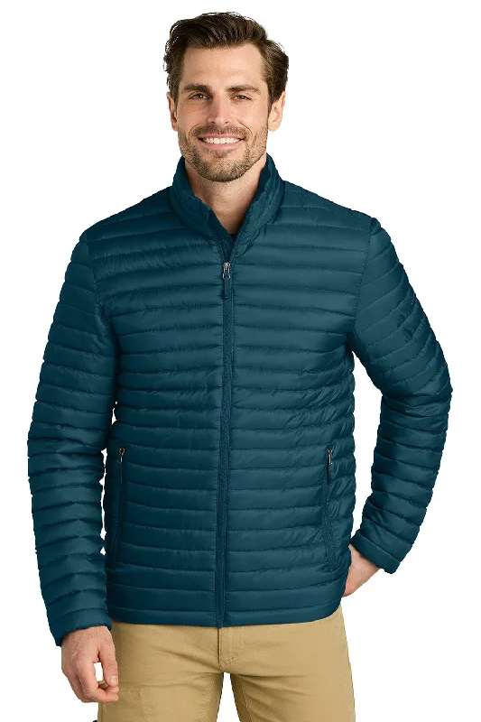 Eddie Bauer Mens Packable Quilted Water Resistant Full Zip Jacket - Adriatic Blue Fleece Fabric Down Fabric Feather Fabric
