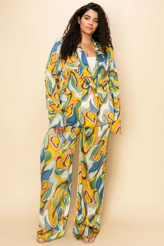 Plus Size One Button Printed Jacket Pant Set Relaxed High-Waist Trousers