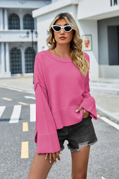 Liam High-Low Slit Round Neck Long Sleeve Sweater Fitted Slim Tailored