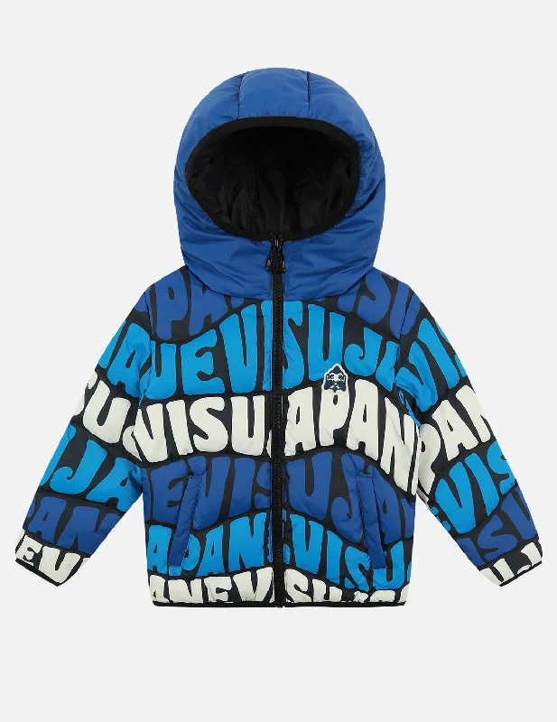 Allover Wavey Logo Print Down Jacket Boat Neck Shawl Collar Notched Collar