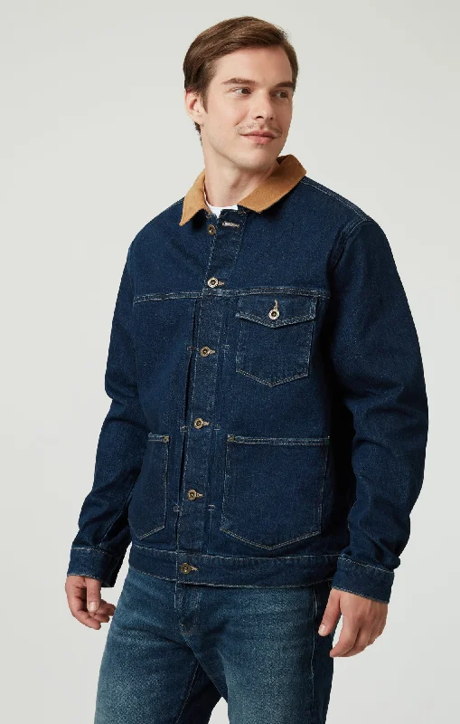 WILLY DENIM JACKET IN DEEP BLUE DENIM Appliqued Jacket Beaded Jacket Sequined Jacket WILLY DENIM JACKET IN DEEP BLUE DENIM Appliqued Jacket Beaded Jacket Sequined Jacket