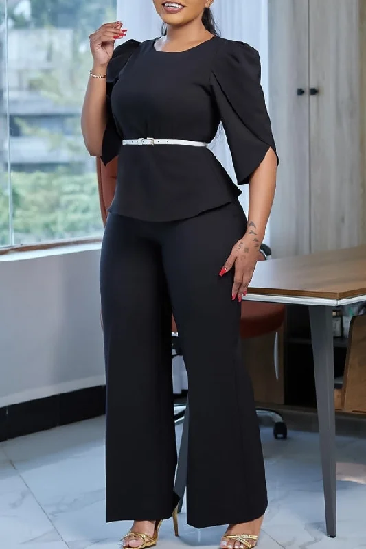 Solid Color Petal Sleeve Simple Belted Pant Suit Fashionable Tapered Leg Pants