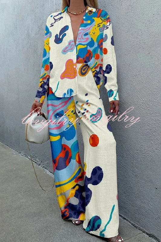 Stunning Art Print Buttoned Wide Leg Pant Suit Modern Skinny Pants