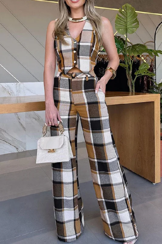 Plaid Sleeveless Feminine OL Pant Suit Stylish Casual Pants