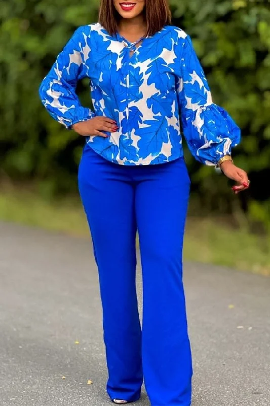 Leaf Print Strappy Puff Sleeve Urban Pant Suit Casual Track Pants