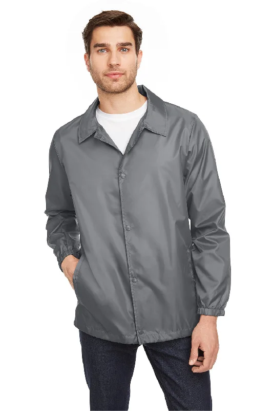 Team 365 Mens Zone Protect Water Resistant Snap Down Coaches Jacket - Graphite Grey Notch Collar Jacket Peter Pan Collar Jacket Cowl Neck Jacket