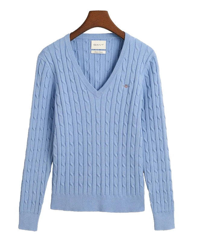 Stretch Cotton Cable V-Neck Sweater - Clear Sky Stylish Fashionable Trendy