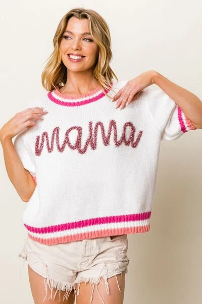 MAMA Contrast Trim Short Sleeve Sweater Knit Fabric Woven Fabric Fleece Fabric