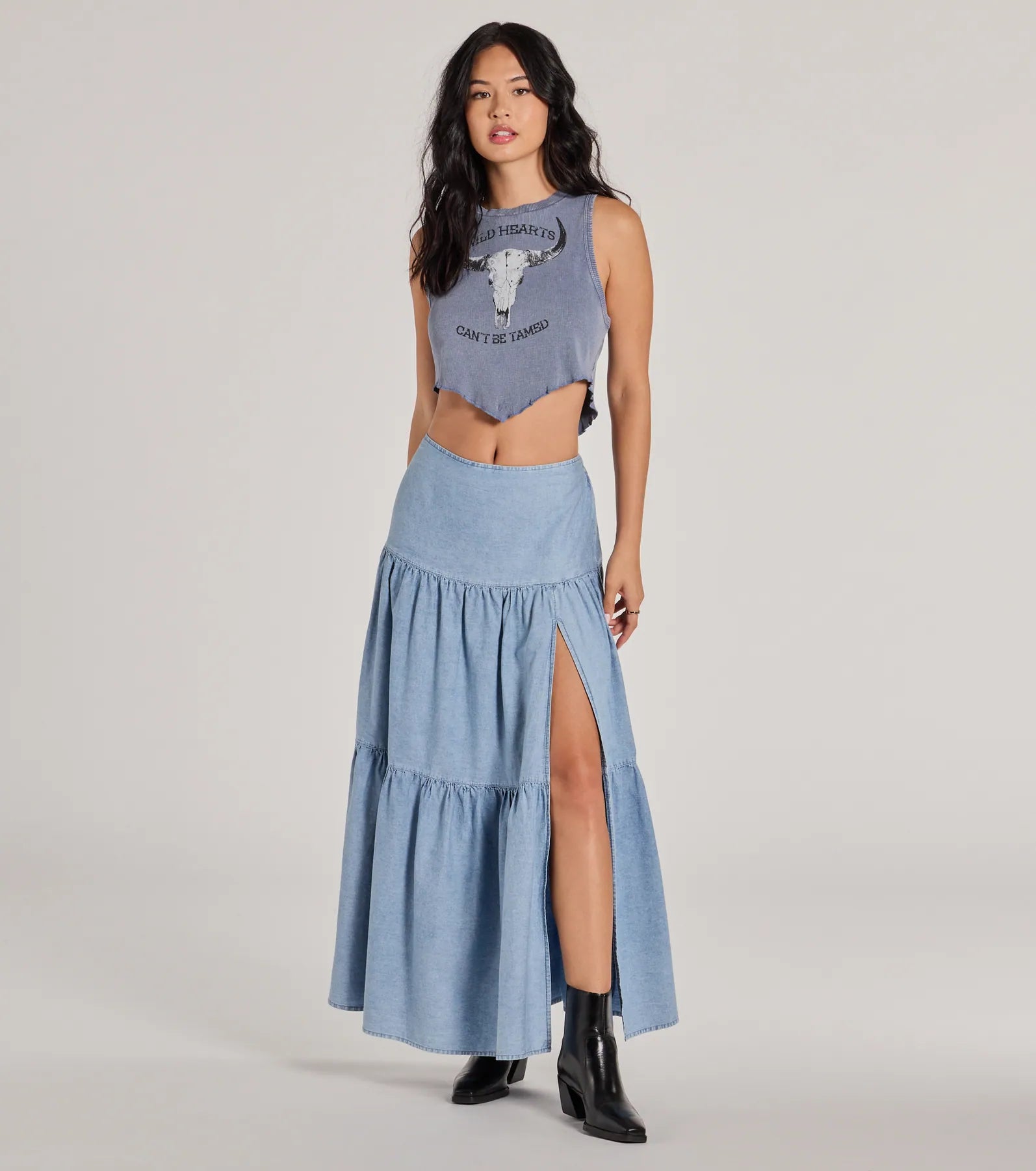 Just Got Sweet High-Rise Slit Chambray Maxi Skirt high slit skirt