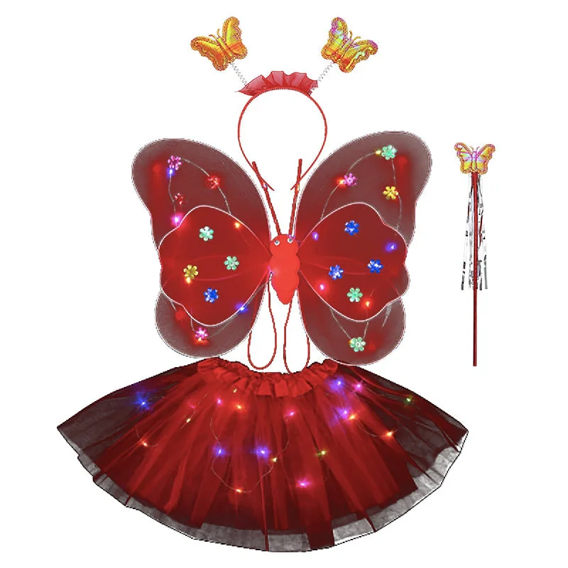 Butterfly wings, Skirt, hairband and magic wand with LED lights for Girl's Birthday One size fits (3-7 Years)-Red leather skirt modern Butterfly wings, Skirt, hairband and magic wand with LED lights for Girl's Birthday One size fits (3-7 Years)-Red leather skirt modern