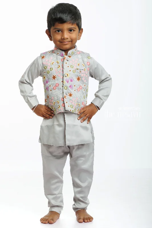 Boys Embroidered Floral Jacket with Kurta, Pant, and Dhoti Set Chenille Fabric Brocade Fabric Lace Fabric Boys Embroidered Floral Jacket with Kurta, Pant, and Dhoti Set Chenille Fabric Brocade Fabric Lace Fabric