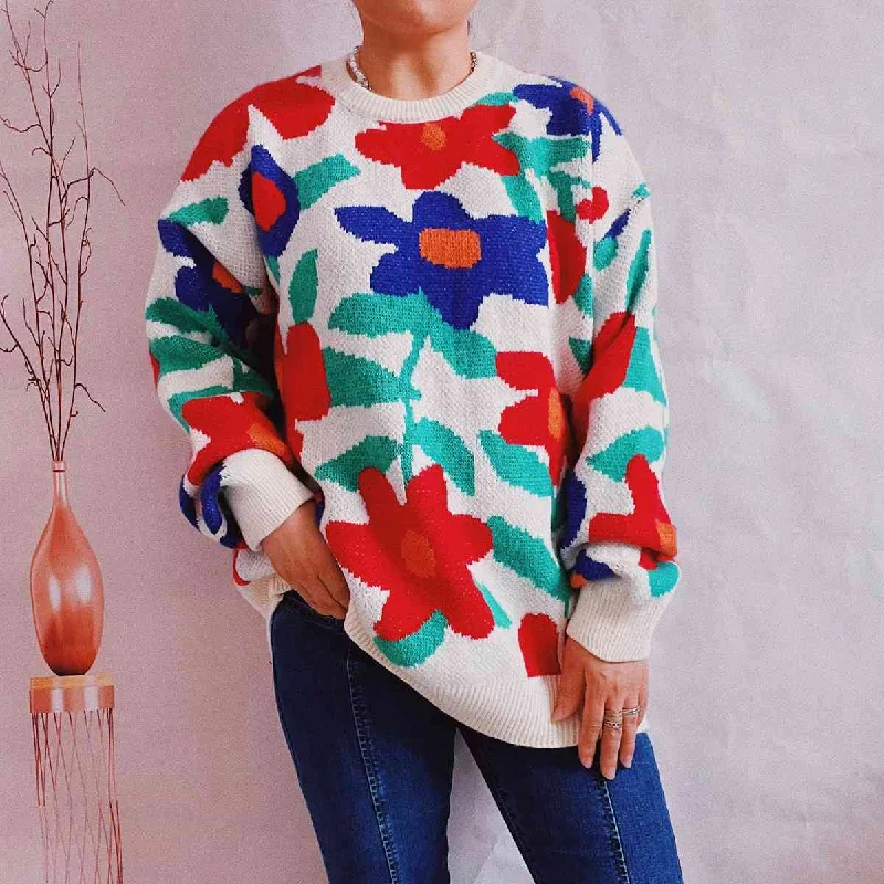 Floral Print Round Neck Drop Shoulder Sweater Iron Safe Non-Iron Wrinkle Free