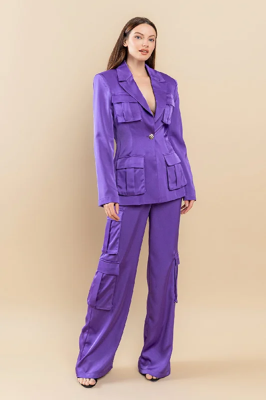 Solid Cargo Pocket Jacket Pant Set Cozy Jogger Leggings