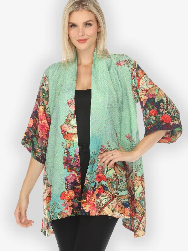 Colorful Dragonfly Floral Kimono Jacket Cotton Fabric Linen Fabric Terry Fabric