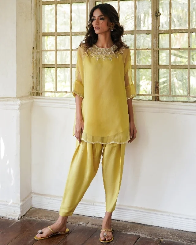 Yellow Lilly Kurta With Drape Pants Trendy Work Pants