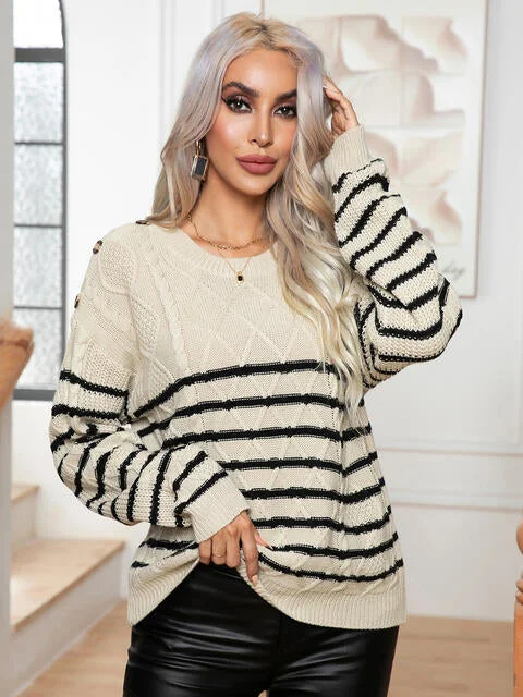 Sera Striped Round Neck Cable-Knit Sweater Oversized Loose Flowy