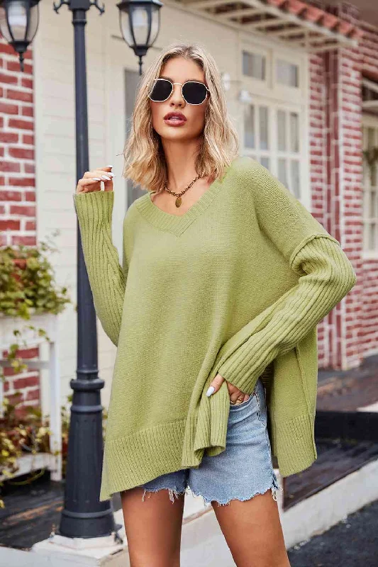 Tess V-Neck Slit Exposed Seam Sweater Hooded Caped Shawl Collar