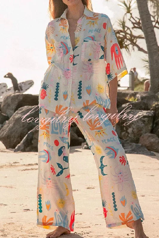 Abstract Sea Creature Print Button Pockets Elastic Waist Pant Suit Comfy High-Waist Jeans