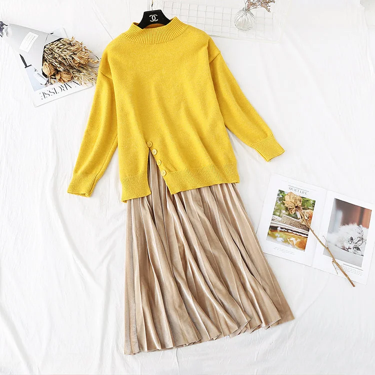 Split sweater + golden velvet skirt suit two-piece set 3977 Tailored Straight A-Line Split sweater + golden velvet skirt suit two-piece set 3977 Tailored Straight A-Line