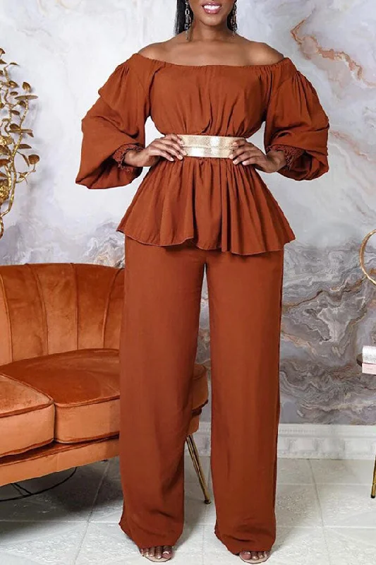 Solid Color Off Shoulder Feminine Belted Pant Suit Trendy Work Pants