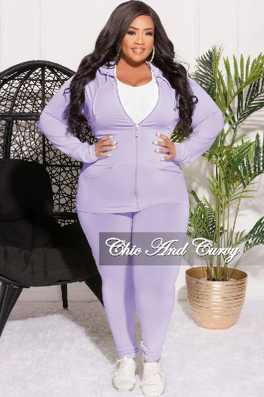 Final Sale Plus Size 2pc Hooded Zip-Up Jacket and Legging Set in Lavender Seamless Fabric Snapped Jacket Toggled Jacket Drawstring Jacket