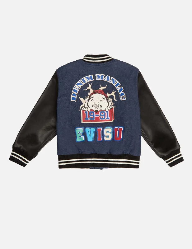 Godhead Print Regular Fit Padded Denim Baseball Jacket Front Pockets Side Pockets Patch Pockets Godhead Print Regular Fit Padded Denim Baseball Jacket Front Pockets Side Pockets Patch Pockets
