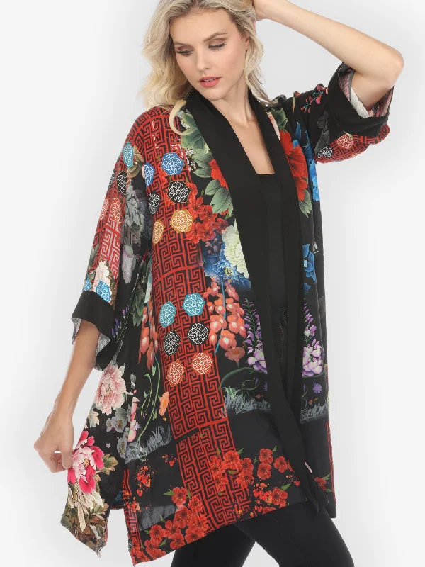 Peony Crest Border Silk Kimono Jacket Quilted Jacket Puffer Jacket Insulated Jacket