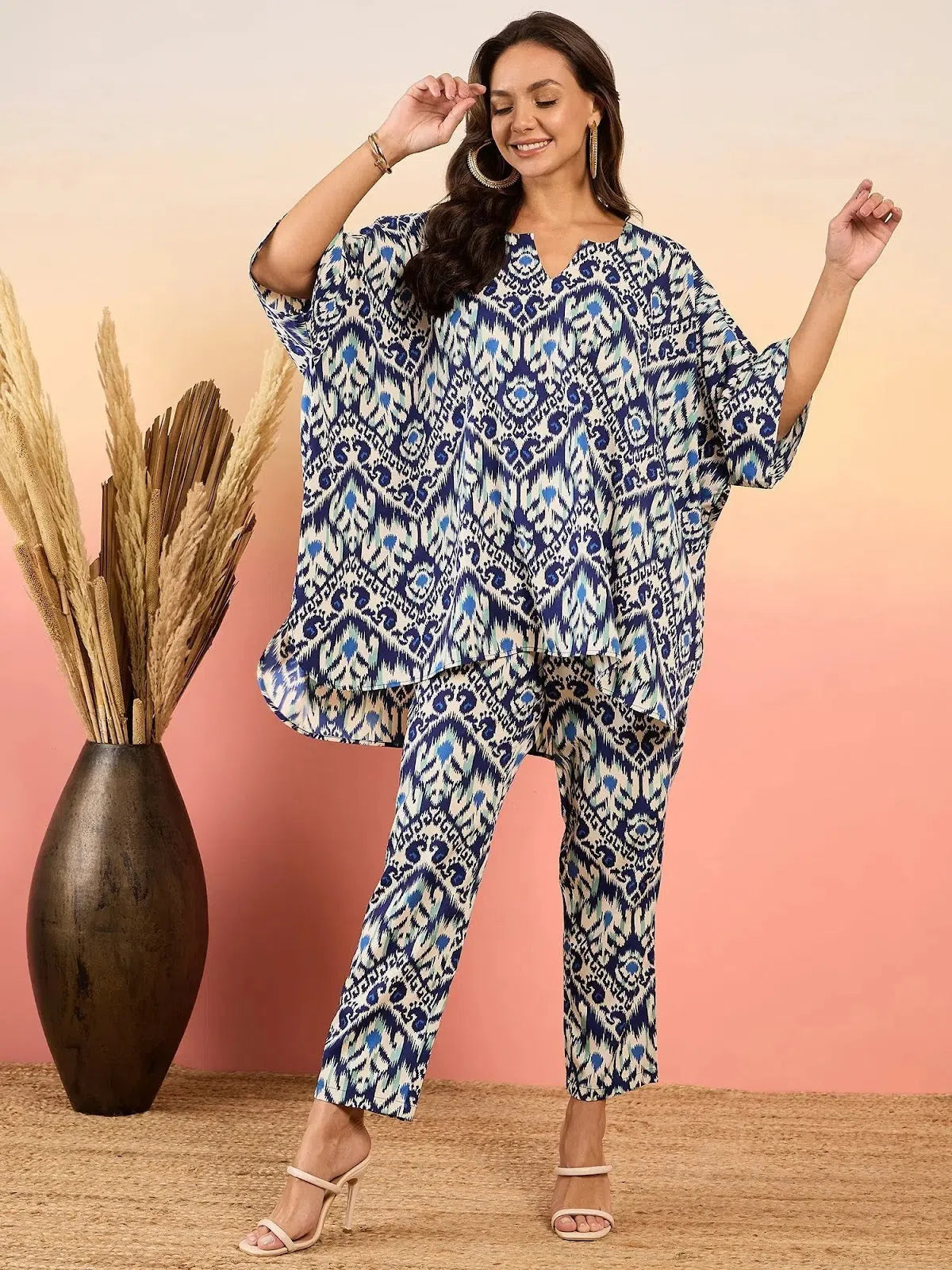 Anti Fit Kaftan Top with Pants in Blue Ikkat Print High-Waist Trousers