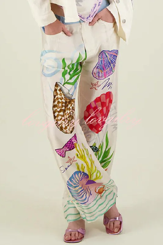 Dream Ocean Satin Unique Print Back Elastic Waist Pocket Wide Leg Pants Casual Lounge Pants Dream Ocean Satin Unique Print Back Elastic Waist Pocket Wide Leg Pants Casual Lounge Pants