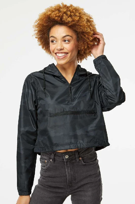 Independent Trading Company Womens Water Resistant 1/4 Zip Crop Hooded Windbreaker Jacket - Black Camo - Closeout Lace Jacket Ribbed Jacket Sequined Jacket Independent Trading Company Womens Water Resistant 1/4 Zip Crop Hooded Windbreaker Jacket - Black Camo - Closeout Lace Jacket Ribbed Jacket Sequined Jacket