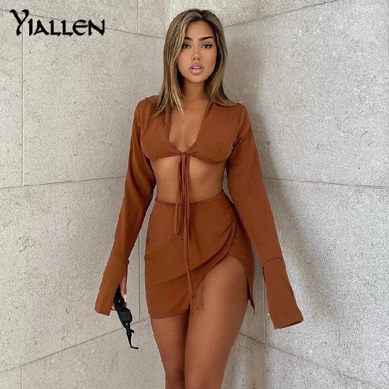 Summer V Neck Long Sleeve Lace Up Short Top And High Waist Mini Skirt Sexy Street Two Piece Set corduroy skirt comfortable Summer V Neck Long Sleeve Lace Up Short Top And High Waist Mini Skirt Sexy Street Two Piece Set corduroy skirt comfortable