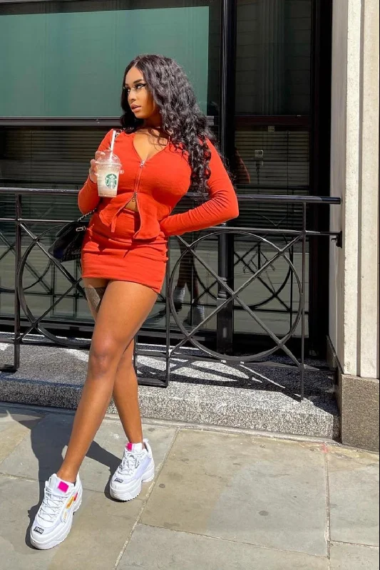 Feel The Vibe Burnt Orange Two Piece Cardigan Mini Skirt Co-ord Set boho skirt vibe