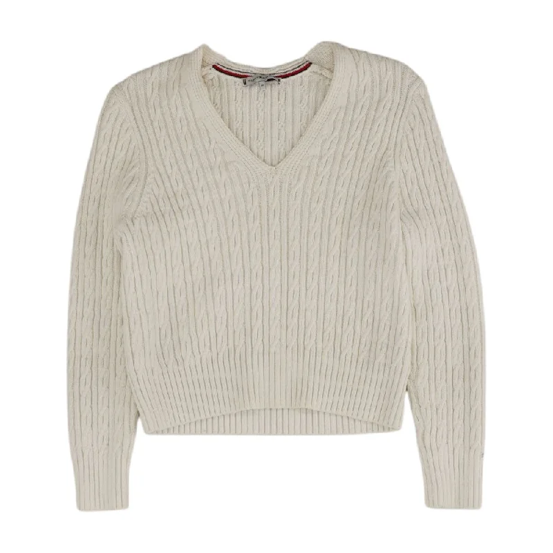 Ivory Solid V-Neck Sweater Spandex Rayon Corduroy