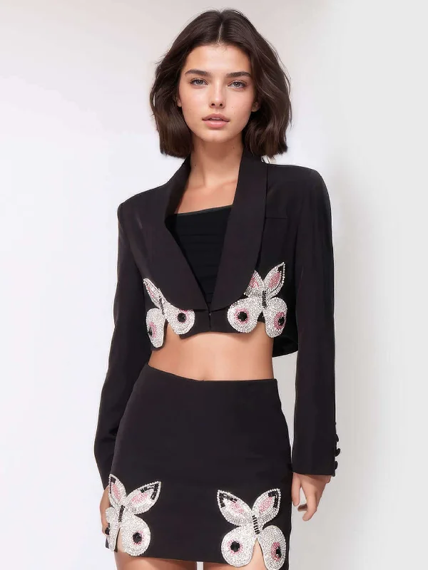Two Peice Set Butterfly Short Jacket & Mini Skirt Front Pockets Side Pockets Patch Pockets Two Peice Set Butterfly Short Jacket & Mini Skirt Front Pockets Side Pockets Patch Pockets