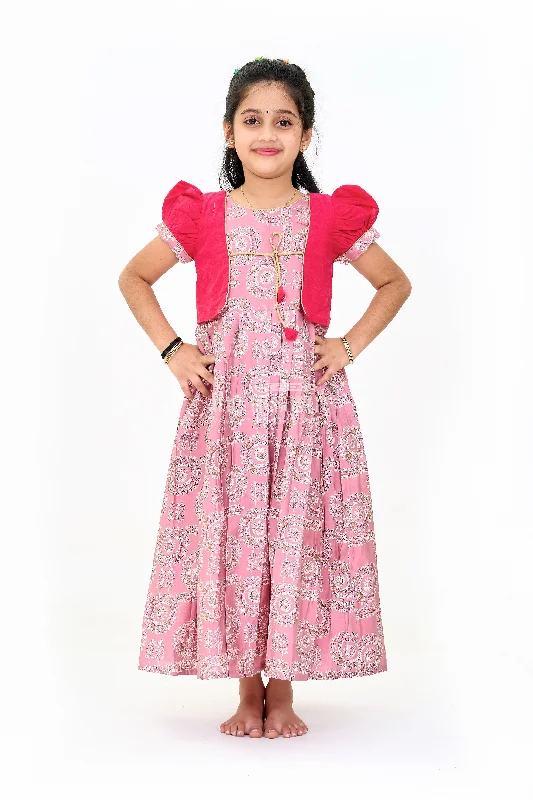 Girls Brown Anarkali Dress with Traditional Printed Design and Matching Short Jacket Welt Pockets Slit Pockets Flap Pockets Girls Brown Anarkali Dress with Traditional Printed Design and Matching Short Jacket Welt Pockets Slit Pockets Flap Pockets