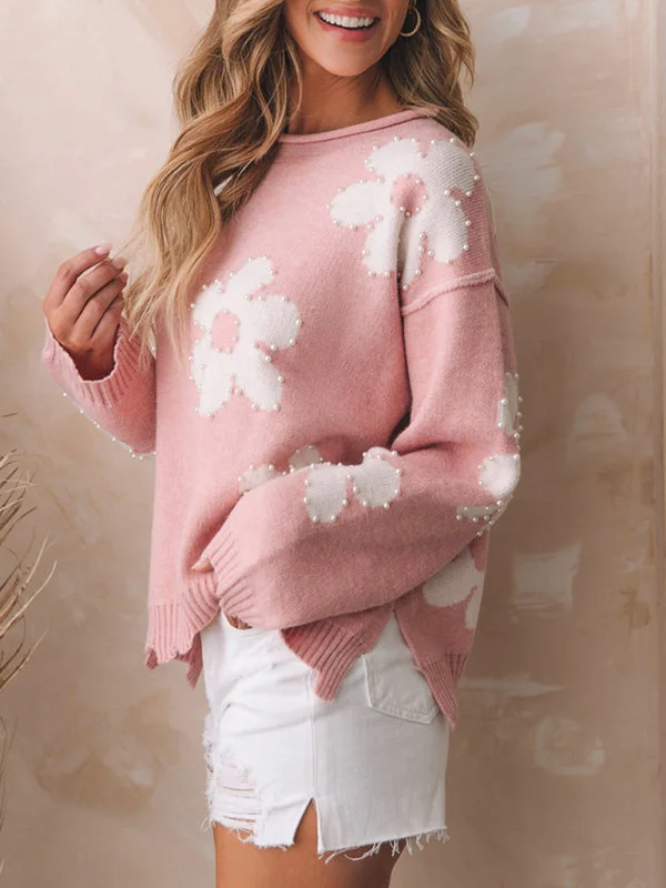 Blue Zone Planet |  Drop Shoulder Floral Pearl Loose Sweater Tailored Straight A-Line
