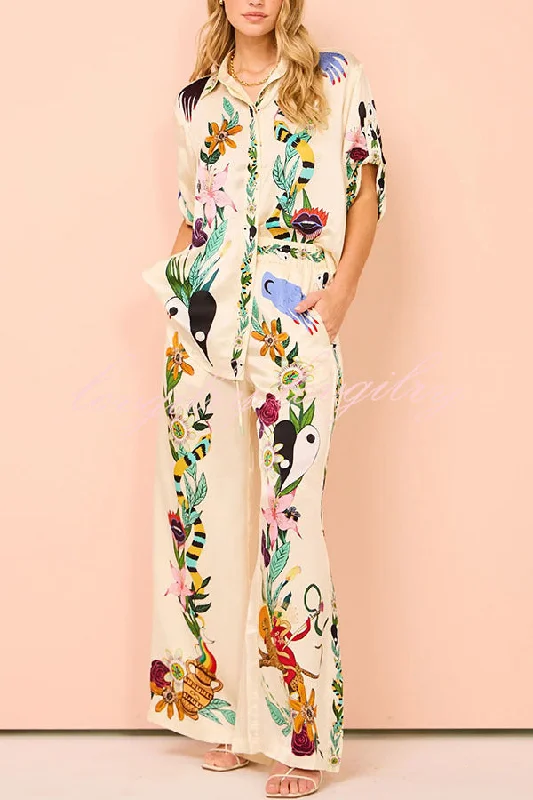 Claire Satin Unique Print Elastic Waist Pocketed Wide Leg Pants Classic Bootcut Trousers Claire Satin Unique Print Elastic Waist Pocketed Wide Leg Pants Classic Bootcut Trousers