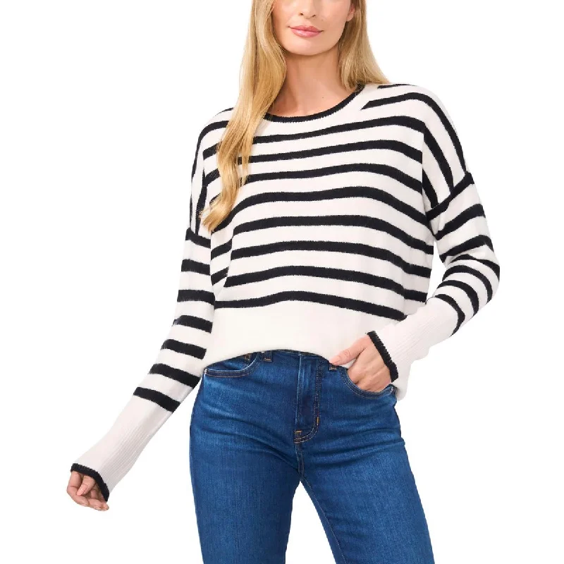 CeCe Womens Striped Ribbed Knit Crewneck Sweater Zippered Buttoned Snapped